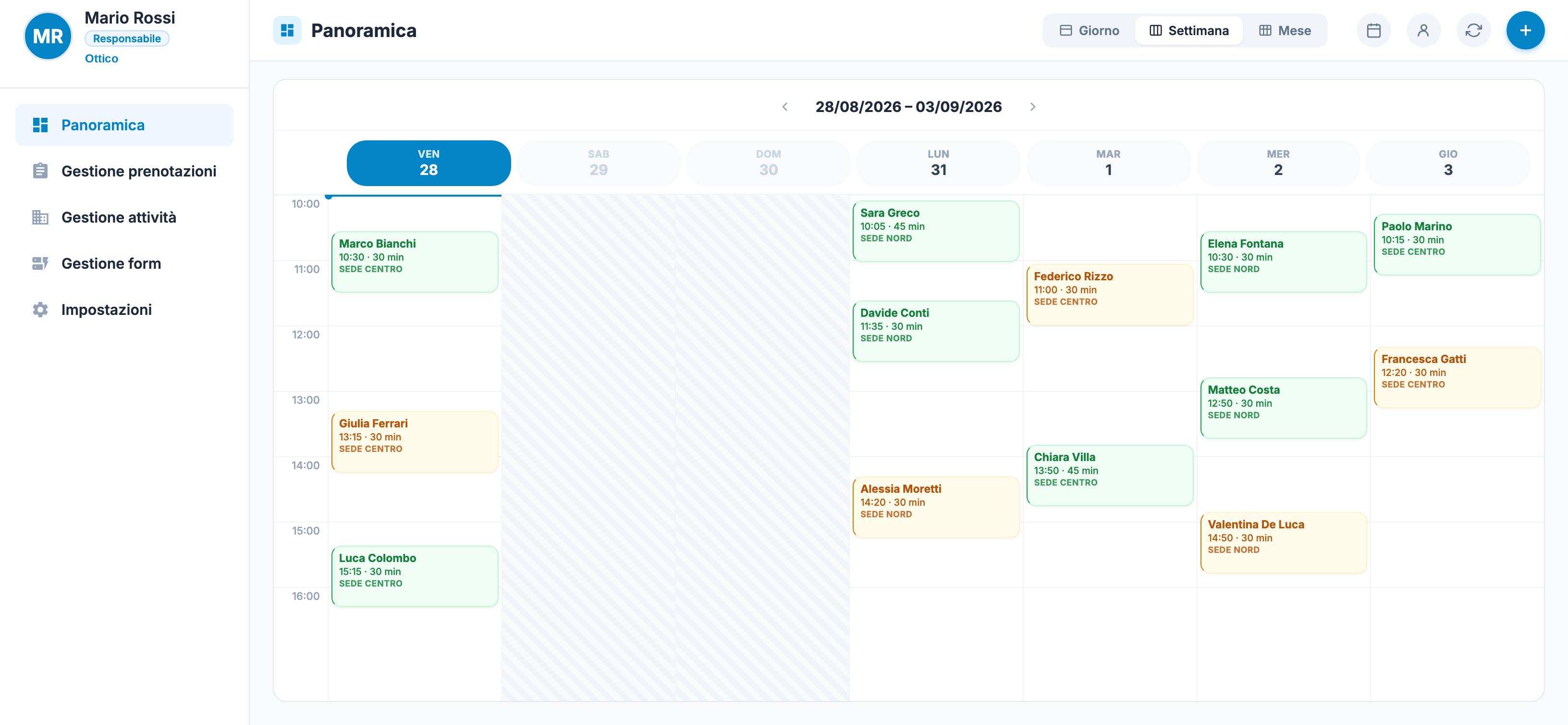 Dashboard di The Sicla Booking: panoramica del calendario appuntamenti e delle prenotazioni ricevute